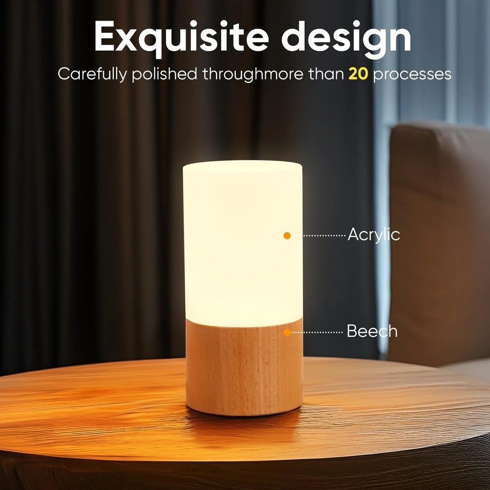 Small LED Wood Table Lamp, Bedroom Bedside Night Light, Dimmable Led Lighting...